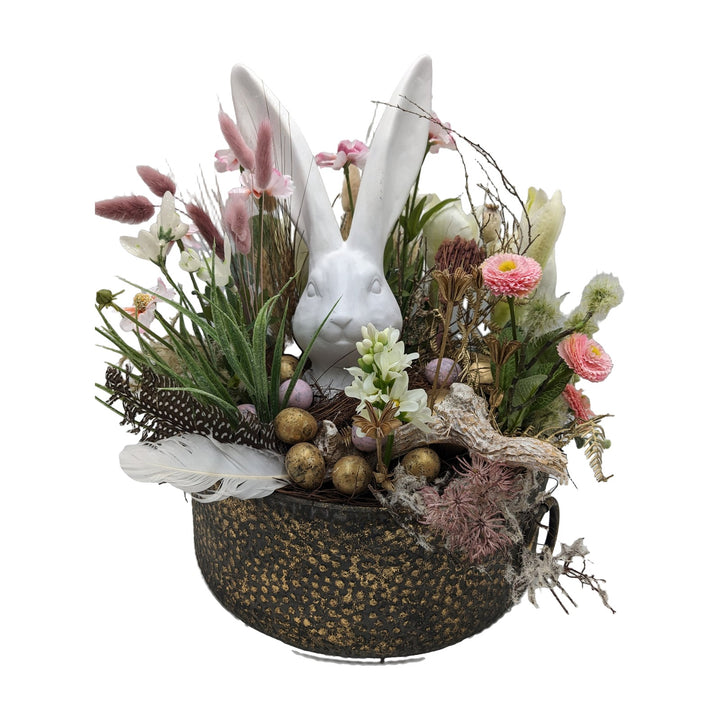 Freigestellt Ostergesteck Frühlingsgesteck Hase Gräser Eier rosa weiß gold
