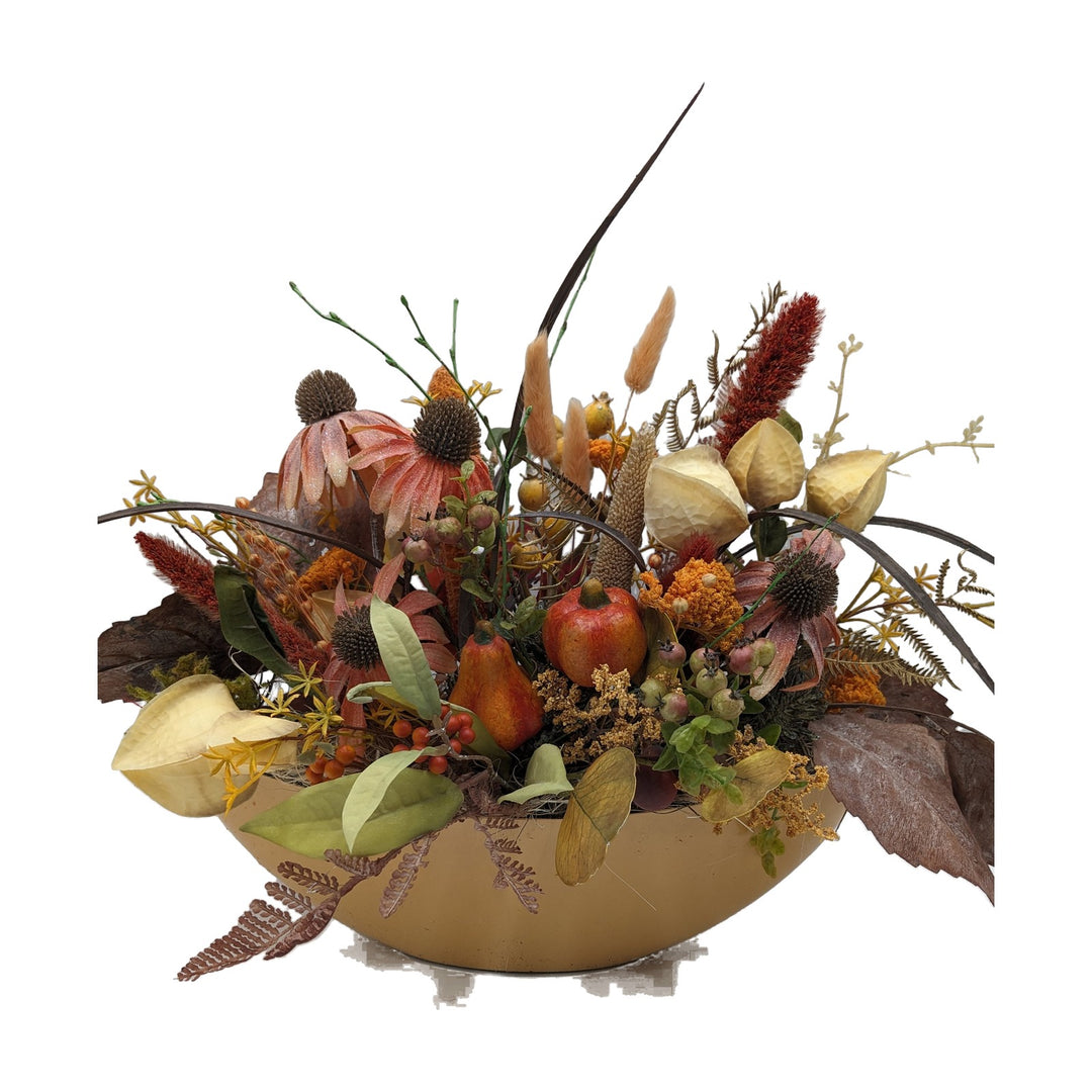 Freigestellt Herbstgesteck Kürbis Sonnenhut Physalis orange creme