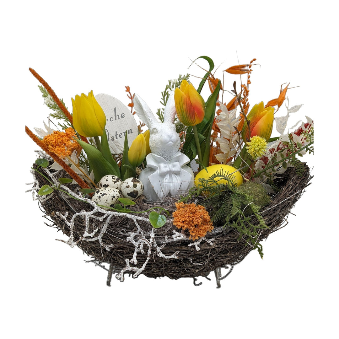 Freigestellt Ostergesteck Frühlingsgesteck Tulpen Hase Eier orange gelb