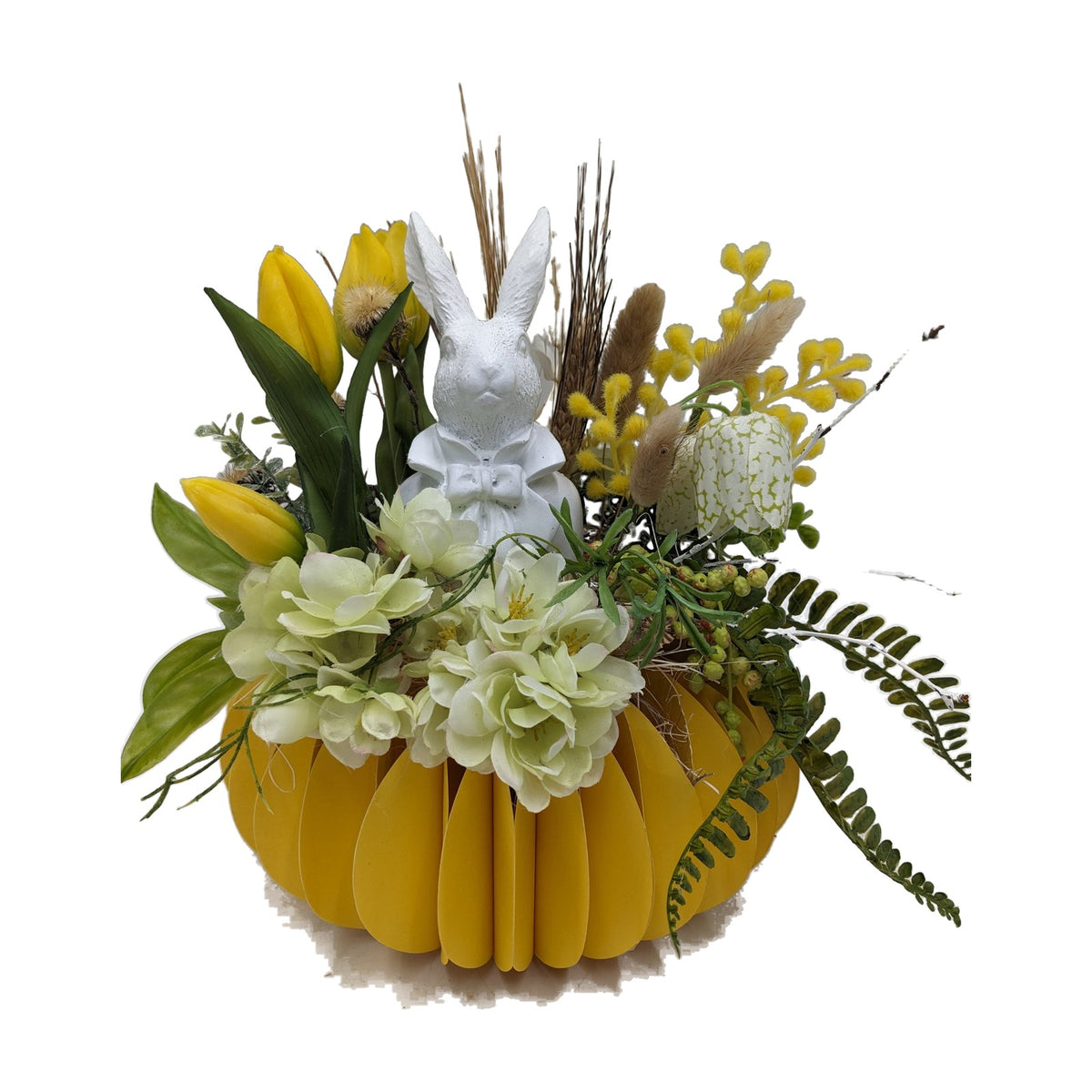 Freigestellt Ostergesteck Frühlingsgesteck Tulpen Gräser Hase gelb