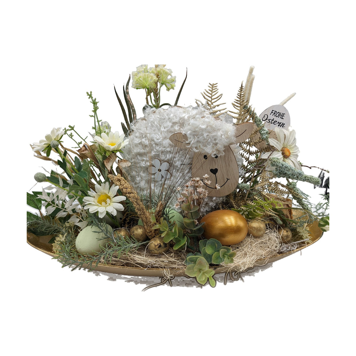 Freigestellt Ostergesteck Frühlingsgesteck Schaf Margeriten Gräser gold weiß