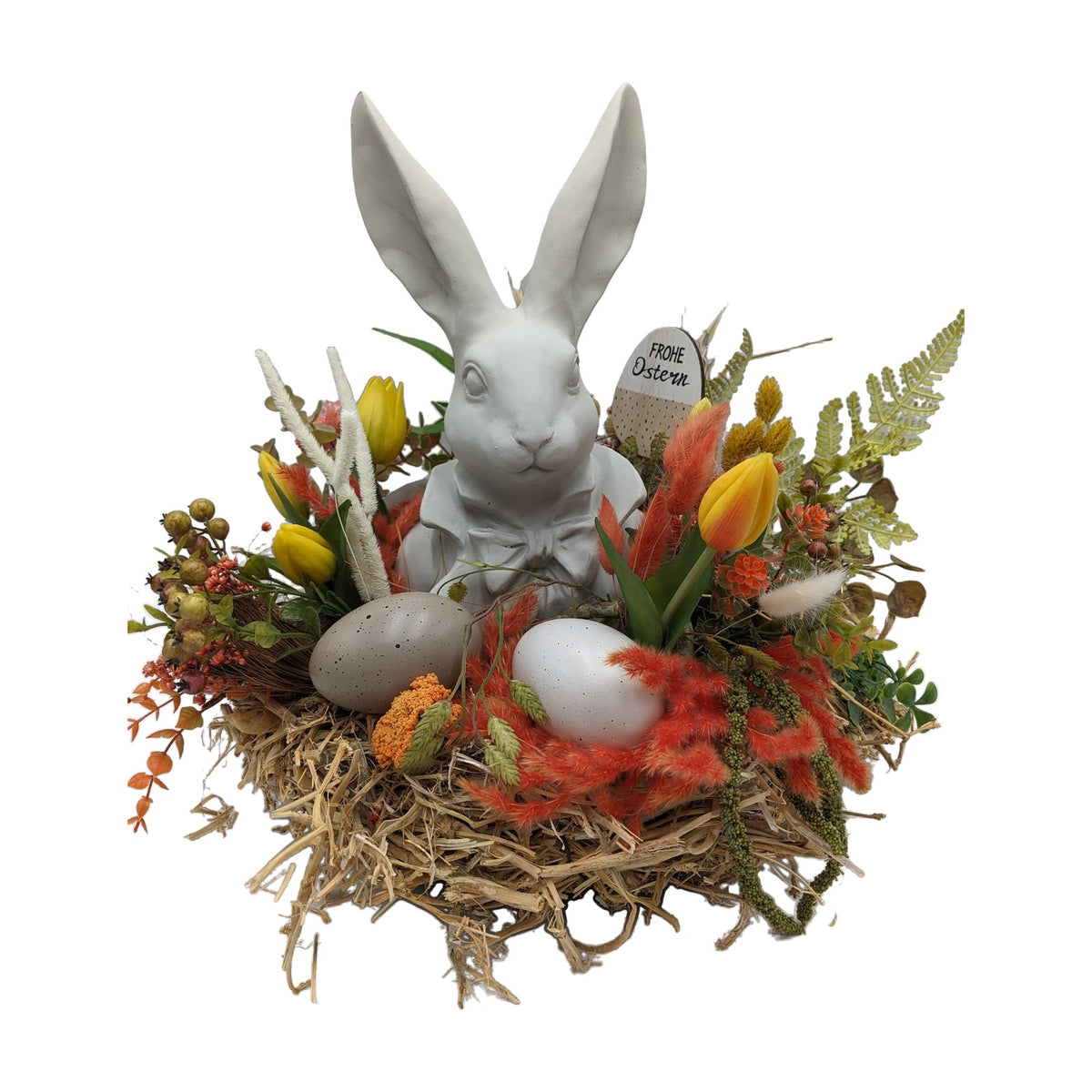 Freigestellt Ostergesteck Frühlingsgesteck Hase Tulpen Gräser orange gelb