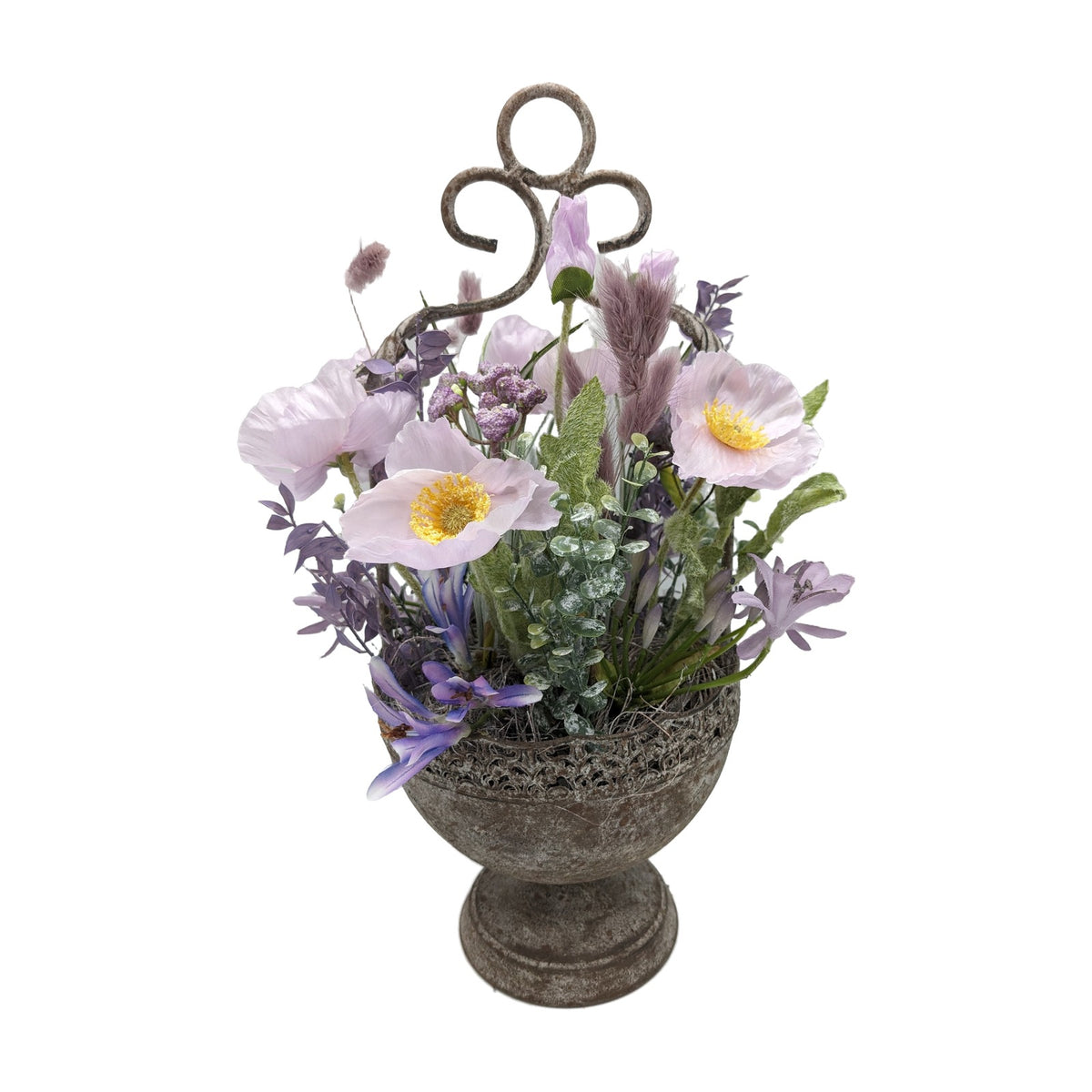 Freigestellt Frühlingsgesteck Mohn Gräser Pokalschale lila mauve