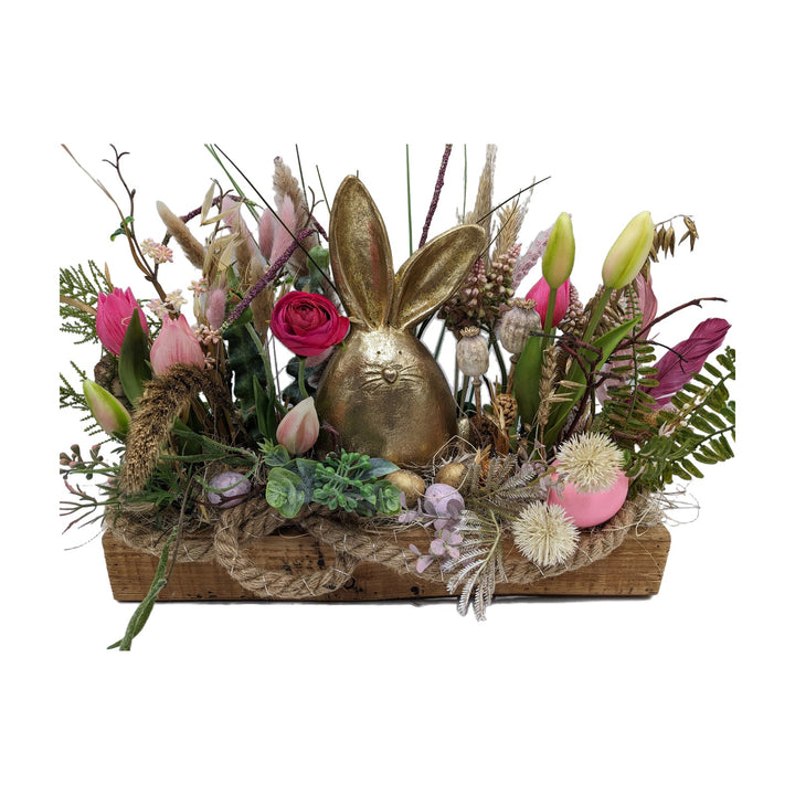 Freigestellt Ostergesteck Frühlingsgesteck Hase Tulpen LED gold rosa