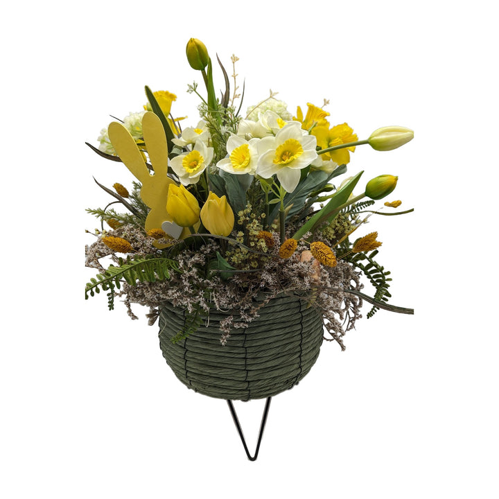 Freigestellt Ostergesteck Frühlingsgesteck Narzissen Tulpen Hase gelb weiß