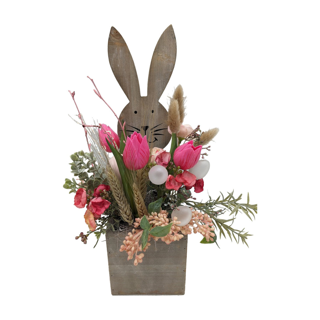 Freigestellt Ostergesteck Frühlingsgesteck Holzhase Tulpen Eier rosa pink