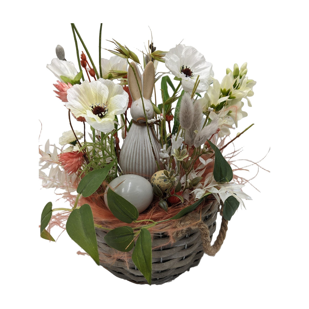 Freigestellt Ostergesteck Frühlingsgesteck Hase Mohn Gräser weiß apricot