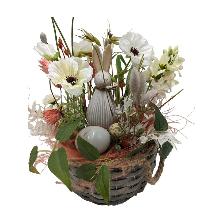 Freigestellt Ostergesteck Frühlingsgesteck Hase Mohn Gräser weiß apricot
