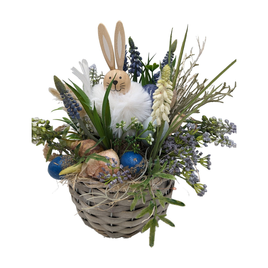 Freigestellt Ostergesteck Frühlingsgesteck Hase Hyazinthen Gräser blau weiß