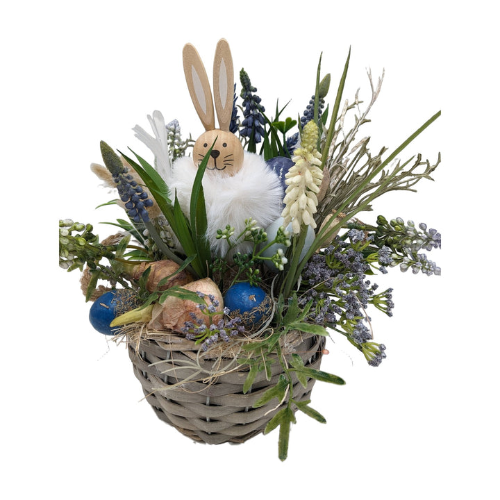 Freigestellt Ostergesteck Frühlingsgesteck Hase Hyazinthen Gräser blau weiß