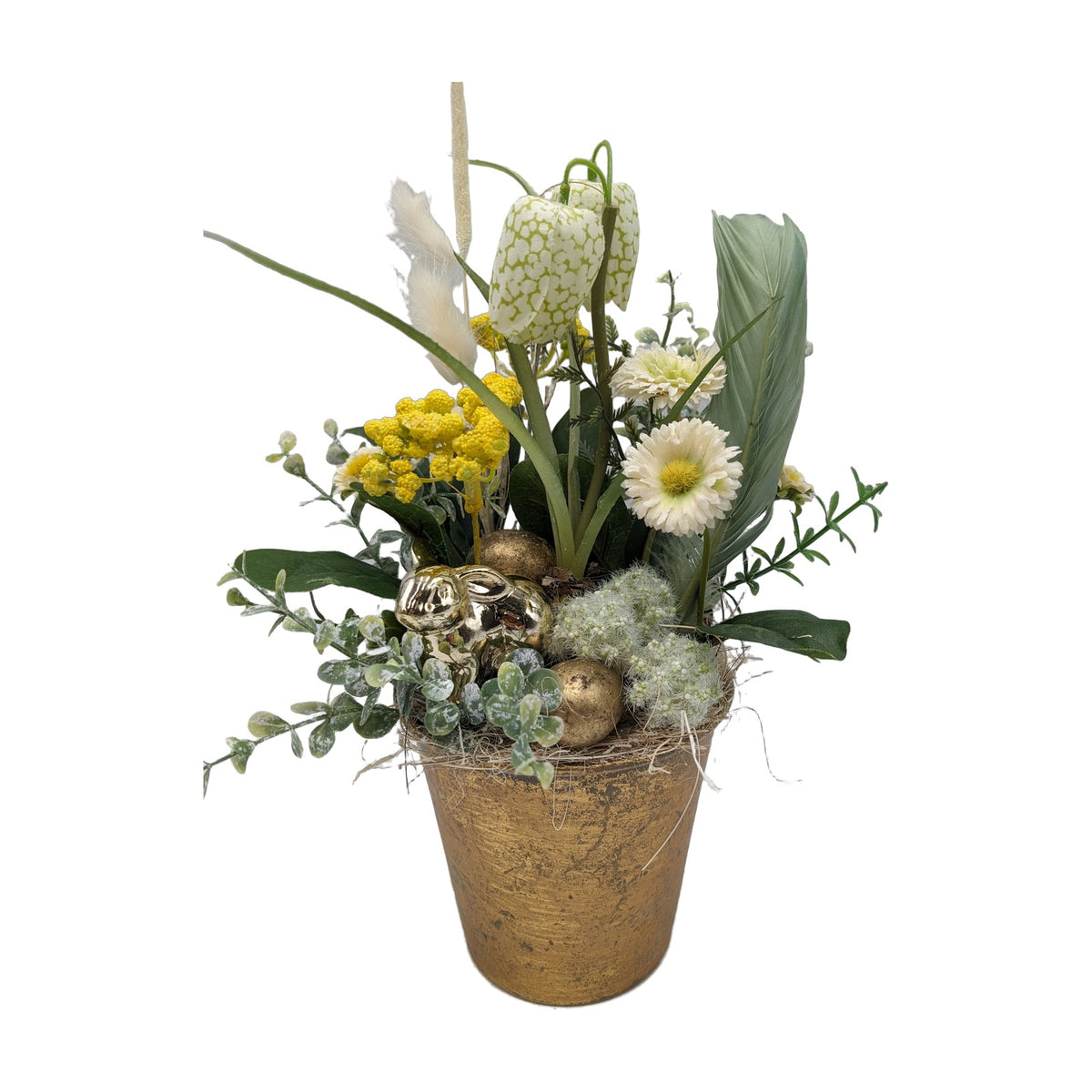 Freigestellt Ostergesteck Frühlingsgesteck Bellis Gräser Eier gold weiss