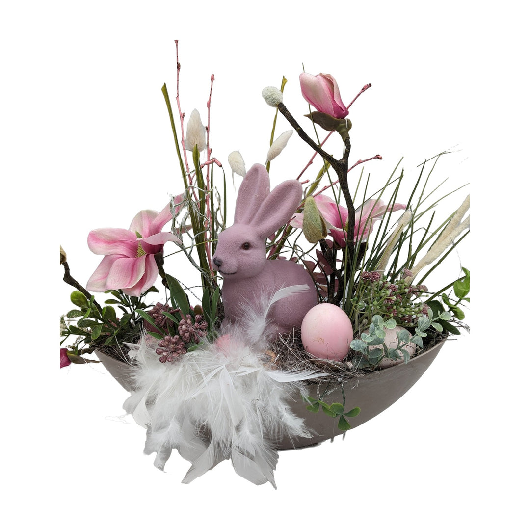 Freigestellt Ostergesteck Frühlingsgesteck Hase Magnolien Federn Gräser rosa