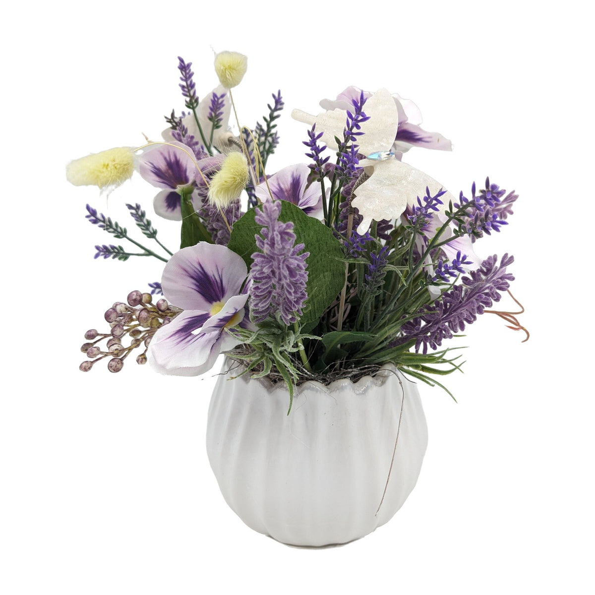 Freigestellt Frühlingsgesteck Hornveilchen Lavendel Gräser lila weiß