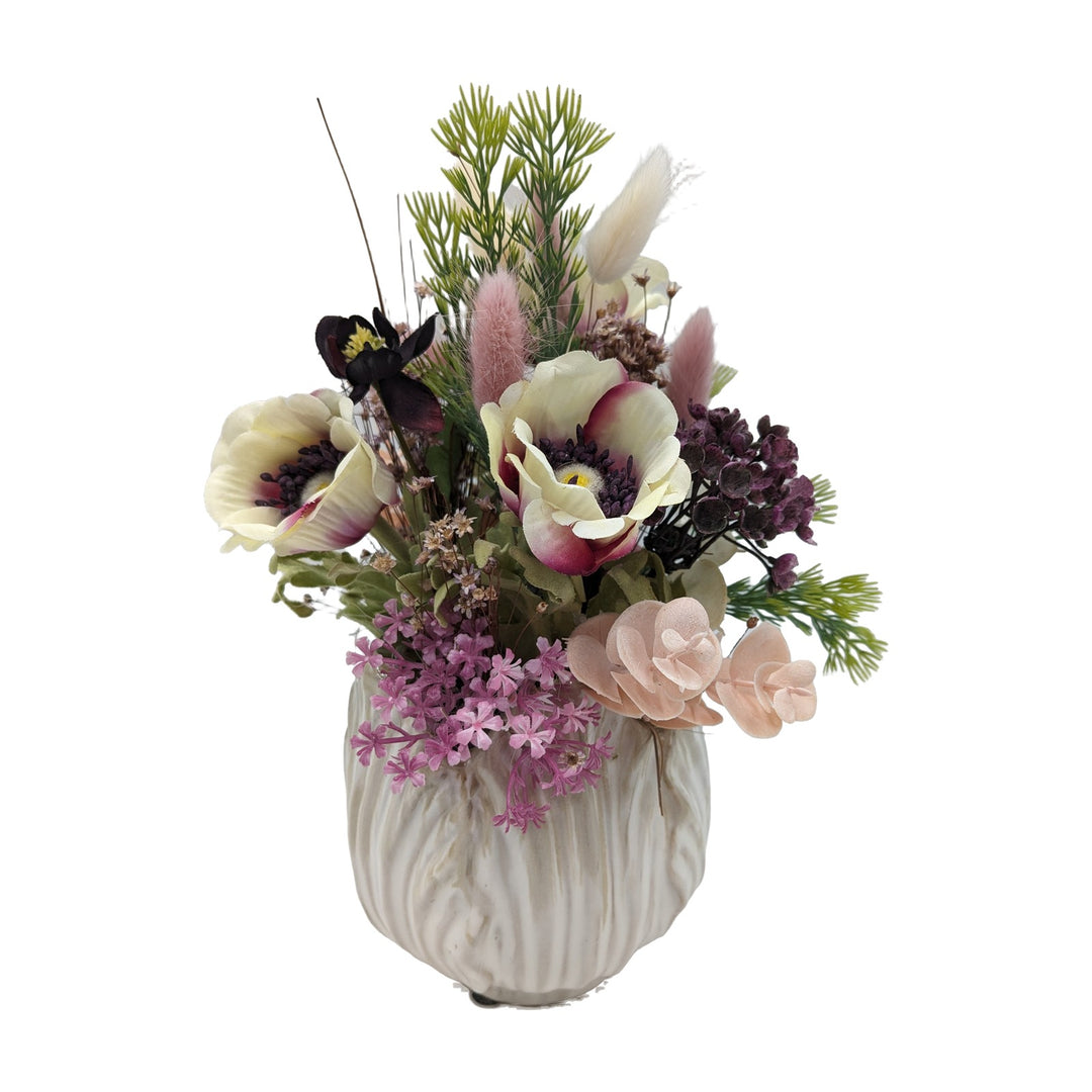 Freigestellt Frühlingsgesteck Anemonen Gräser lila rosa creme