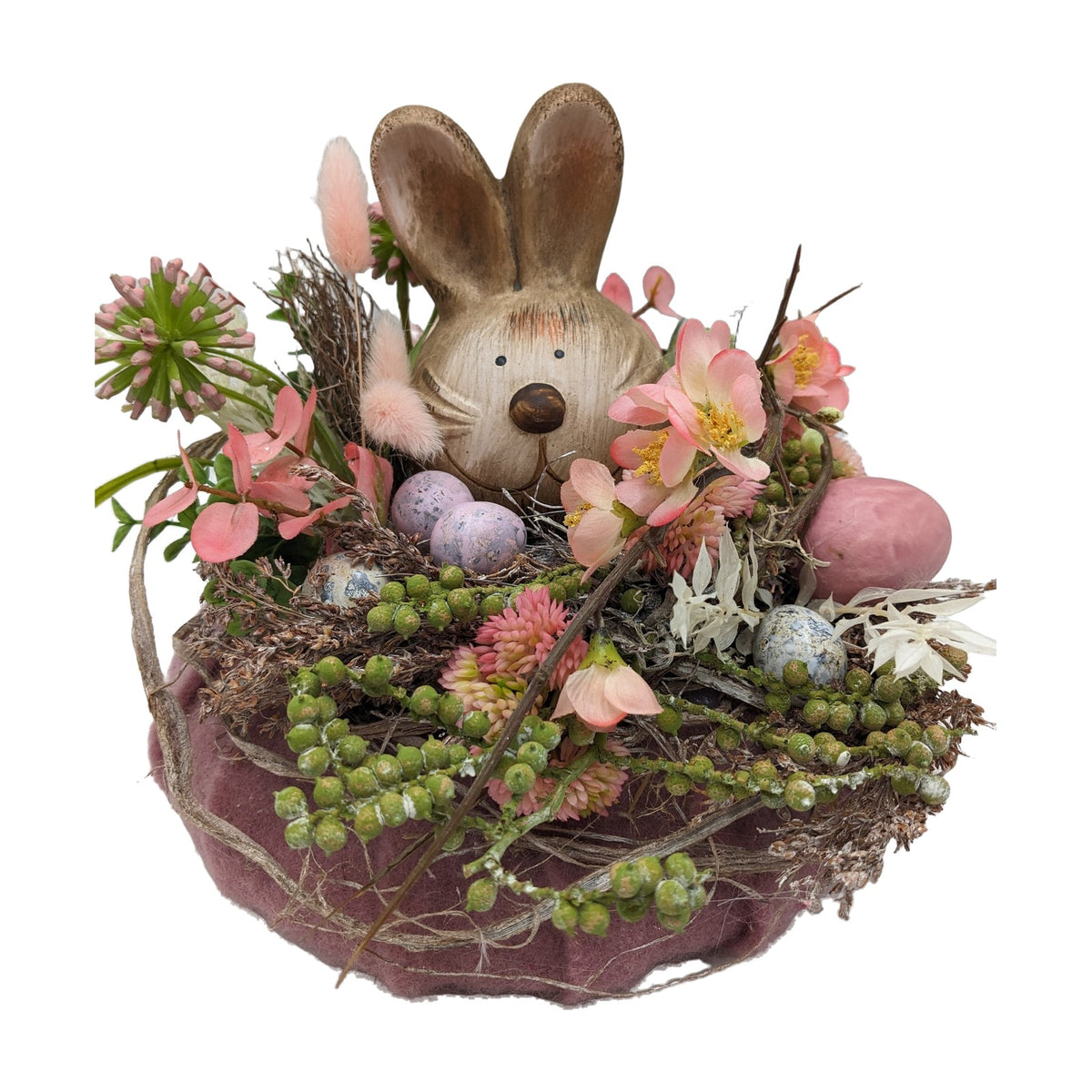 Freigestellt Ostergesteck Frühlingsgesteck Hase Eier Sedum Gräser rosa