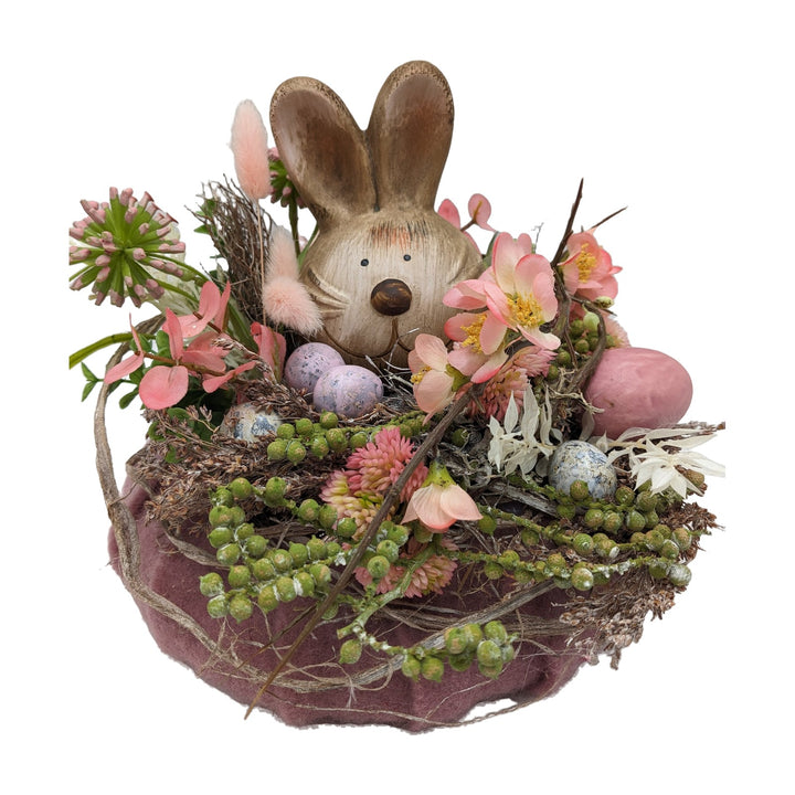Freigestellt Ostergesteck Frühlingsgesteck Hase Eier Sedum Gräser rosa