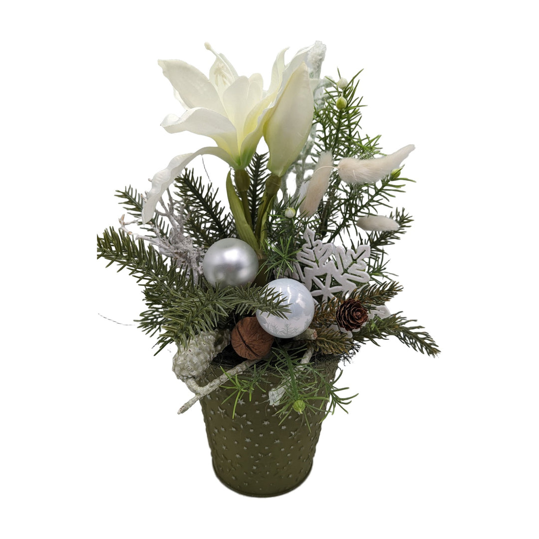 Freigestellt Wintergesteck Amaryllis Tanne Nüsse Kugeln weiß silber