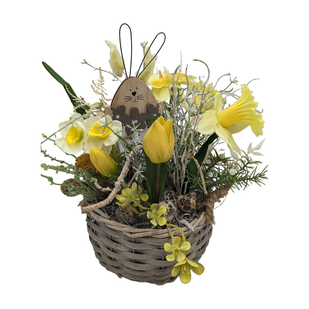 Freigestellt Ostergesteck Frühlingsgesteck Tulpen Narzissen Hase gelb