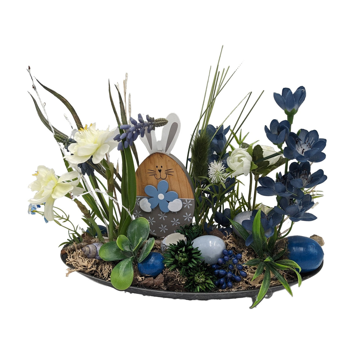 Freigestellt Ostergesteck Frühlingsgesteck Narzissen Hyazinthen Eier blau weiß