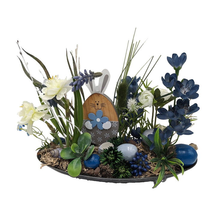 Freigestellt Ostergesteck Frühlingsgesteck Narzissen Hyazinthen Eier blau weiß