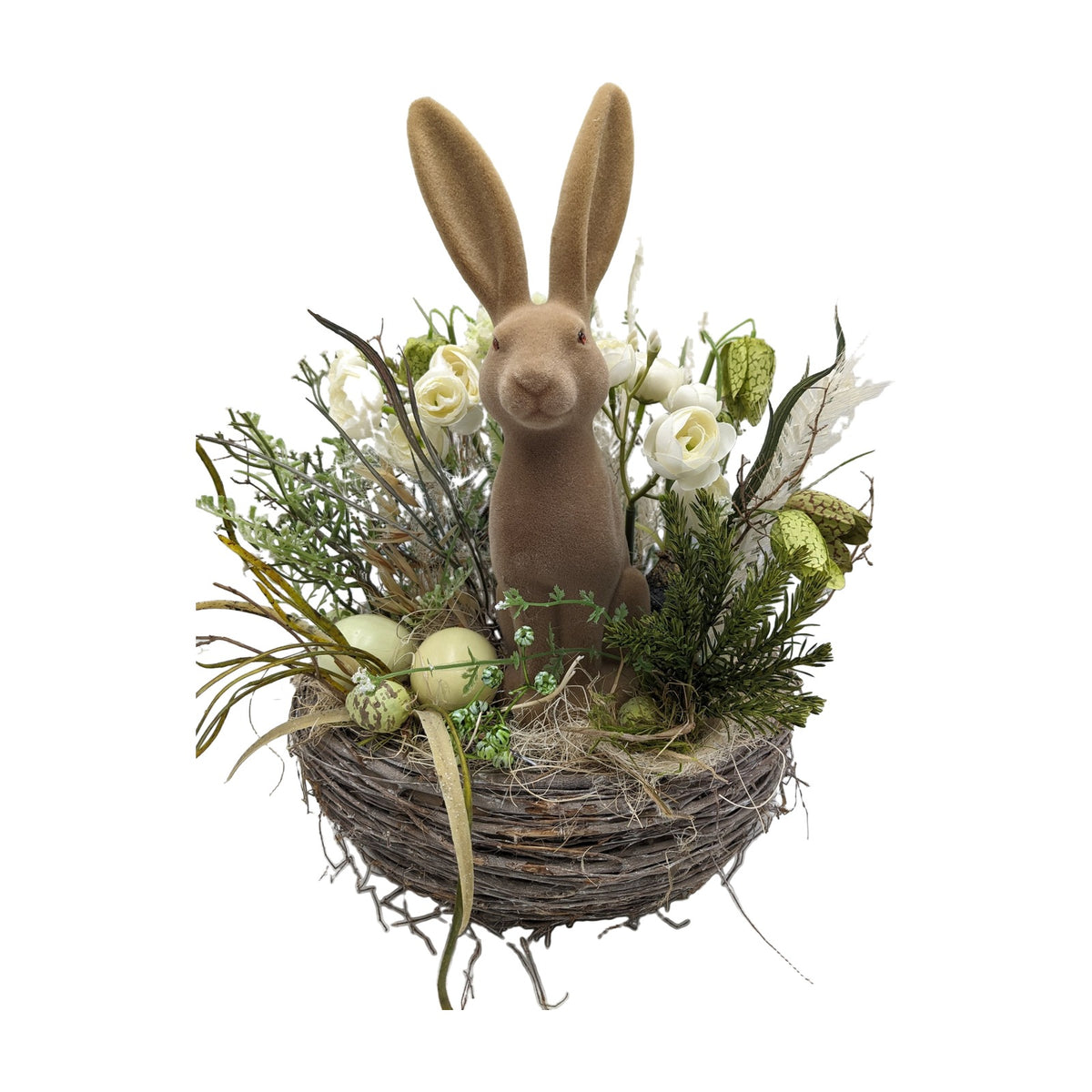Freigestellt Ostergesteck Hase Ranunkeln Schachbrettblume weiß grün