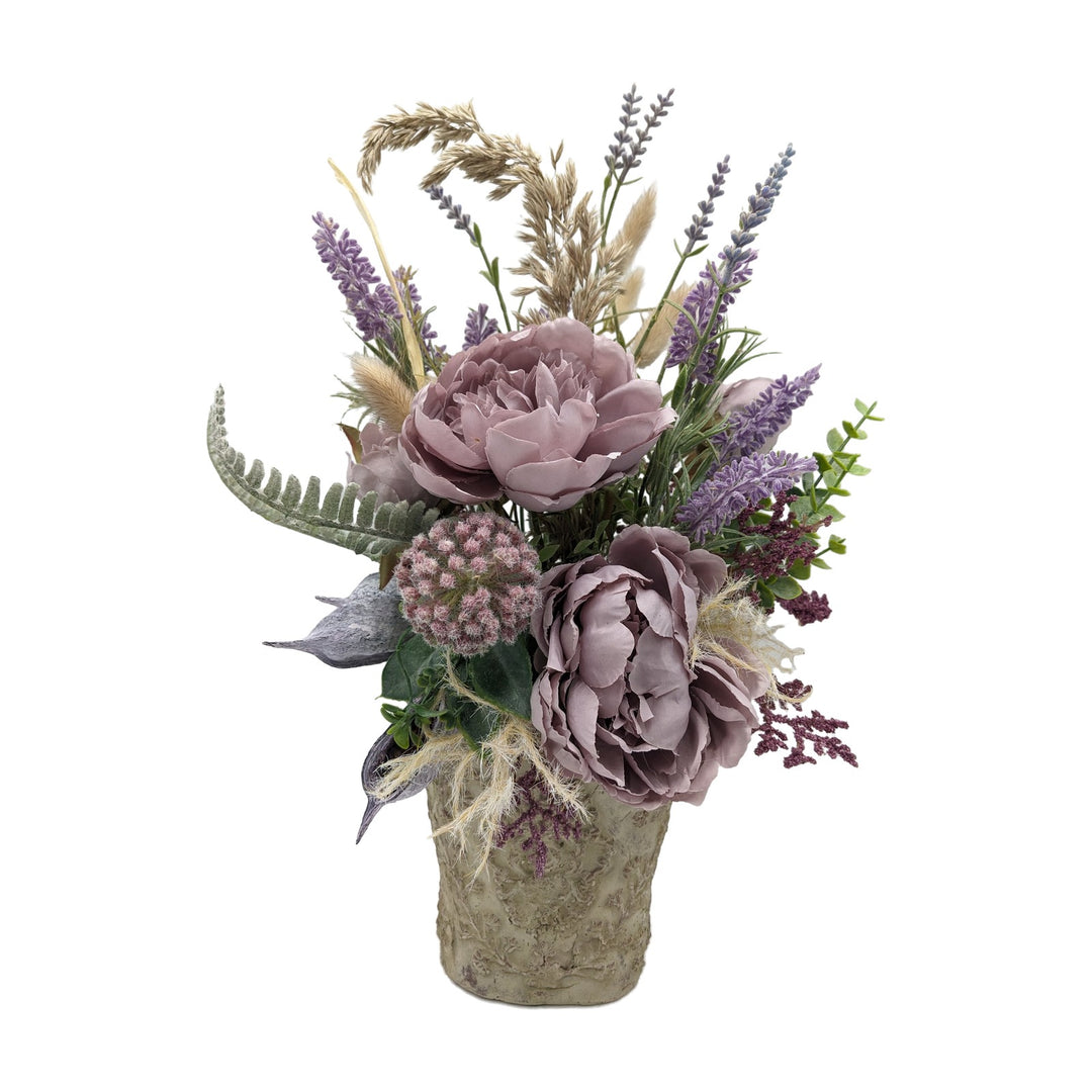 Freigestellt Sommergesteck Pfingstrose Lavendel Gräser lila mauve