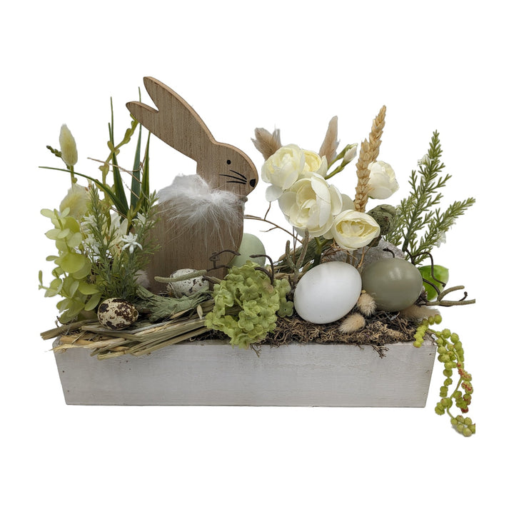 Freigestellt Ostergesteck Frühlingsgesteck Ranunkel Gräser Hase weiß grün
