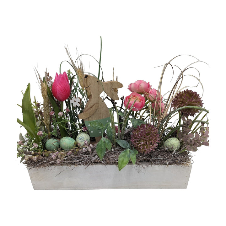Freigestellt Ostergesteck Frühlingsgesteck Holzhase Tulpen Gräser rosa mint