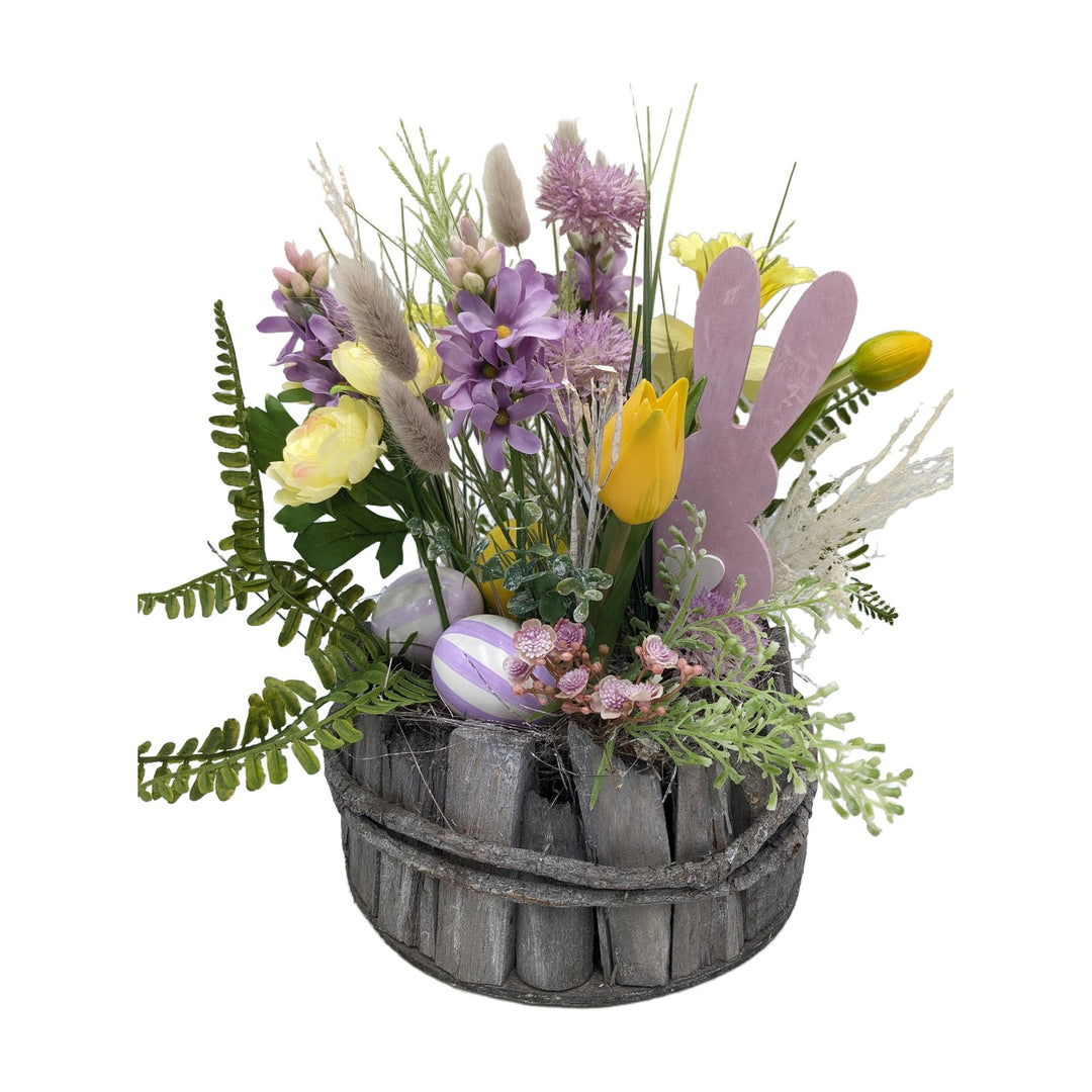 Freigestellt Ostergesteck Frühlingsgesteck Tulpen Hyazinthen Hase lila gelb