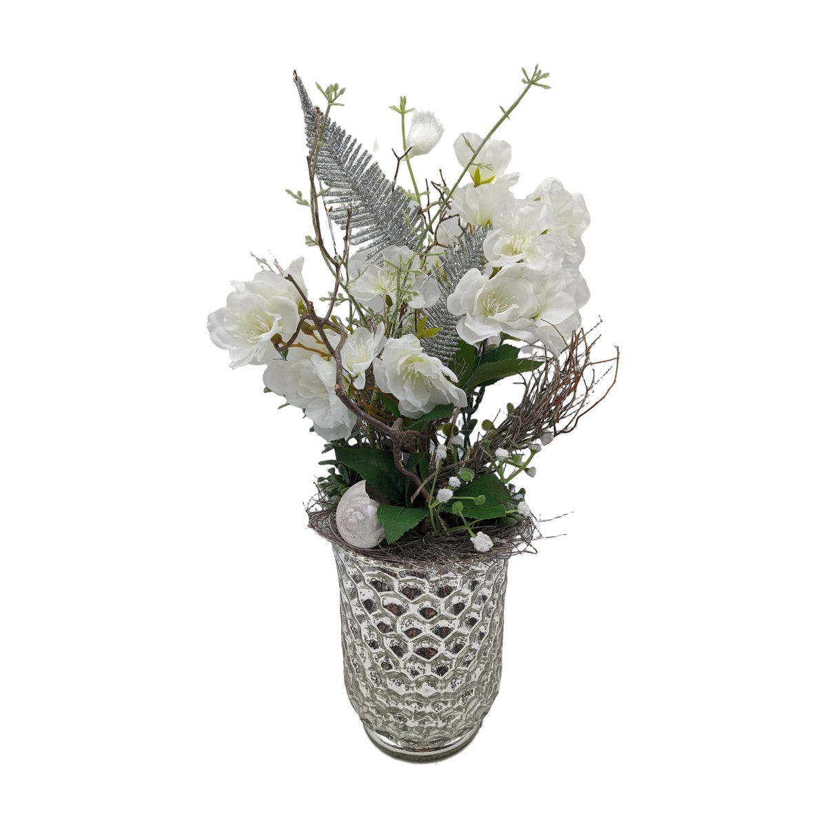 Freigestellt Frühlingsgesteck Kirschblüte Zweige weiss silber