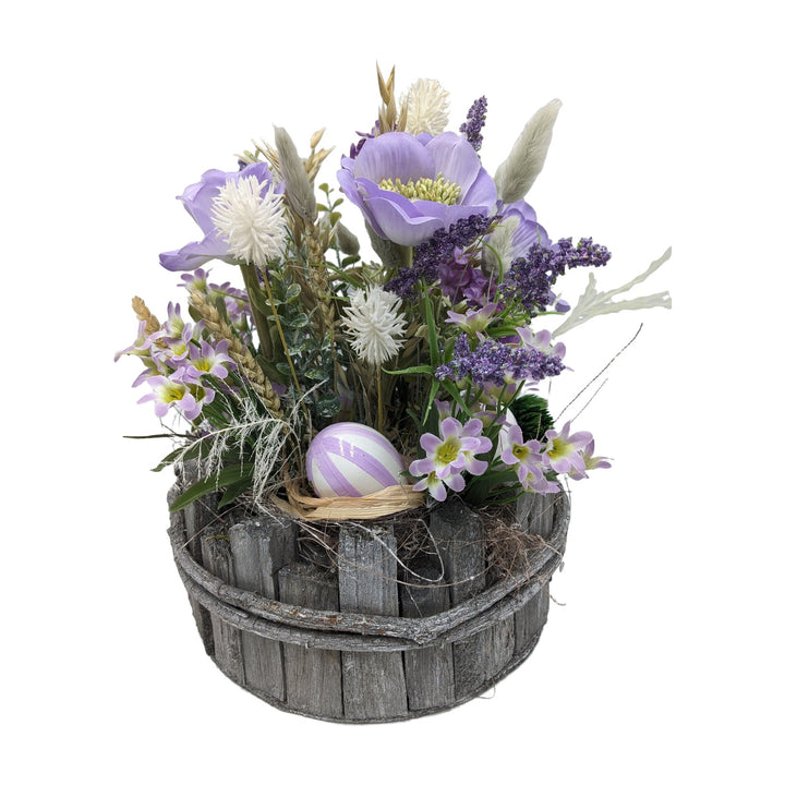 Freigestellt Ostergesteck Frühlingsgesteck Anemonen Gräser Ei lila weiß