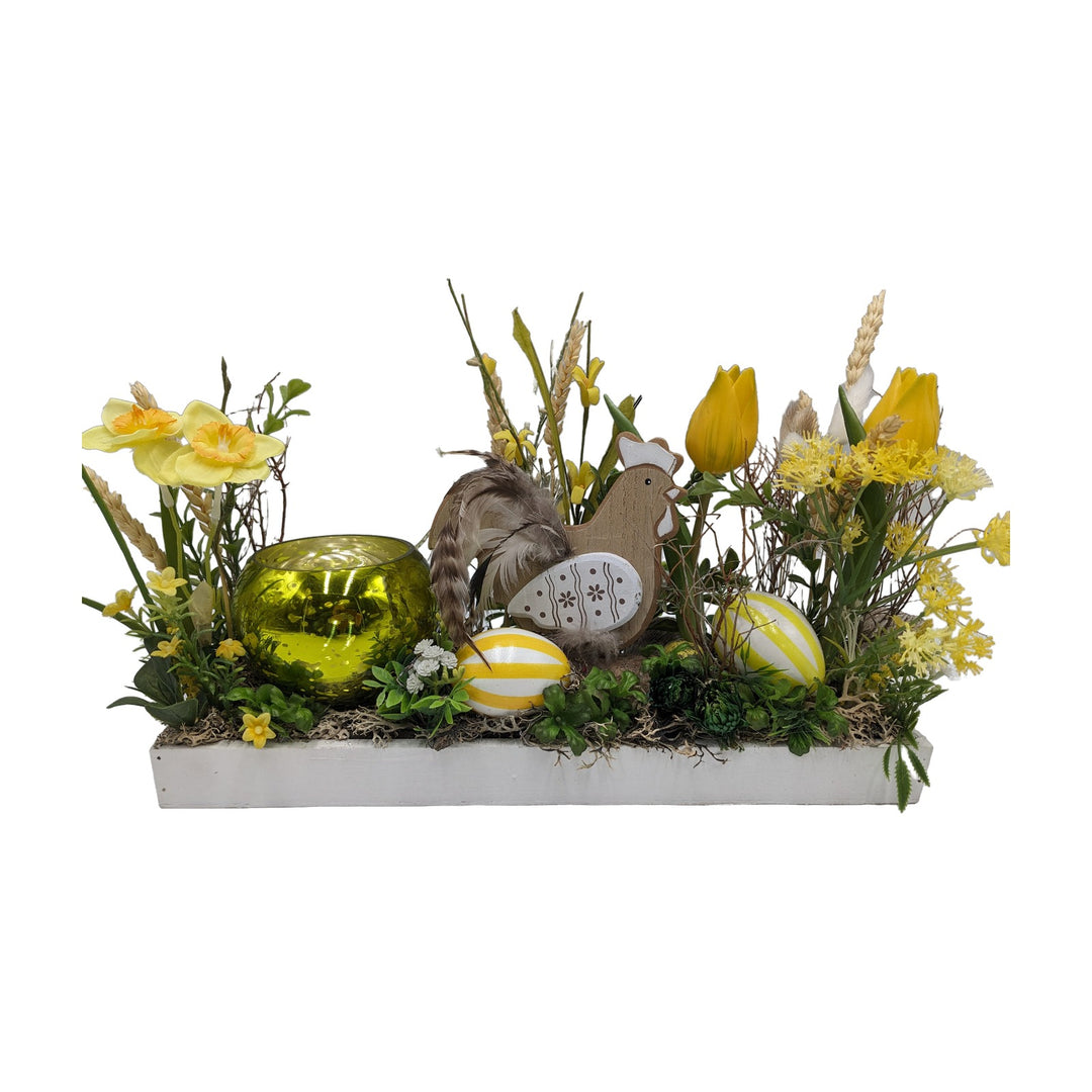 Freigestellt Ostergesteck Frühlingsgesteck Teelicht Huhn Tulpen Narzissen gelb