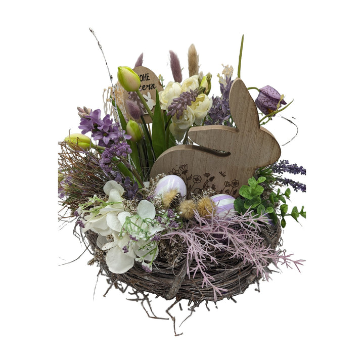 Freigestellt Ostergesteck Frühlingsgesteck Tulpen Holzhase Ostereier lila weiß