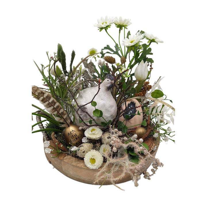 Freigestellt Ostergesteck Frühlingsgesteck Tulpen Huhn Eier weiß grün