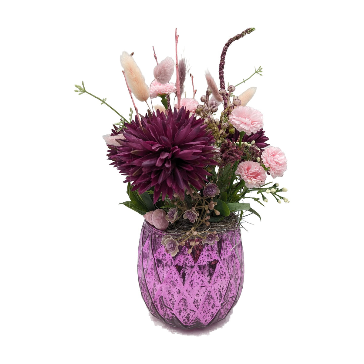 Freigestellt Sommergesteck Nelken Dahlie Gräser lila rosa im Glas