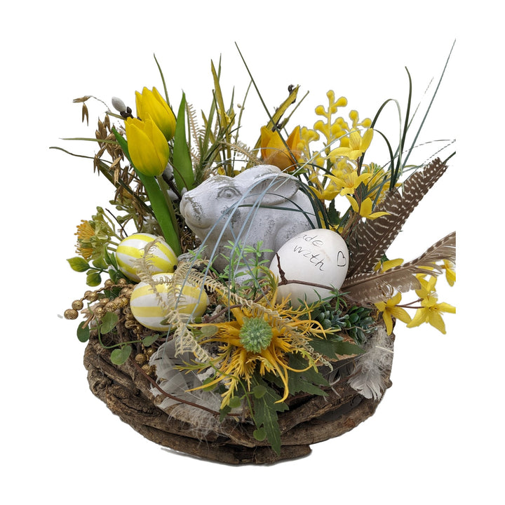 Freigestellt Ostergesteck Frühlingsgesteck Tulpen Hase Eier Kätzchen gelb weiß