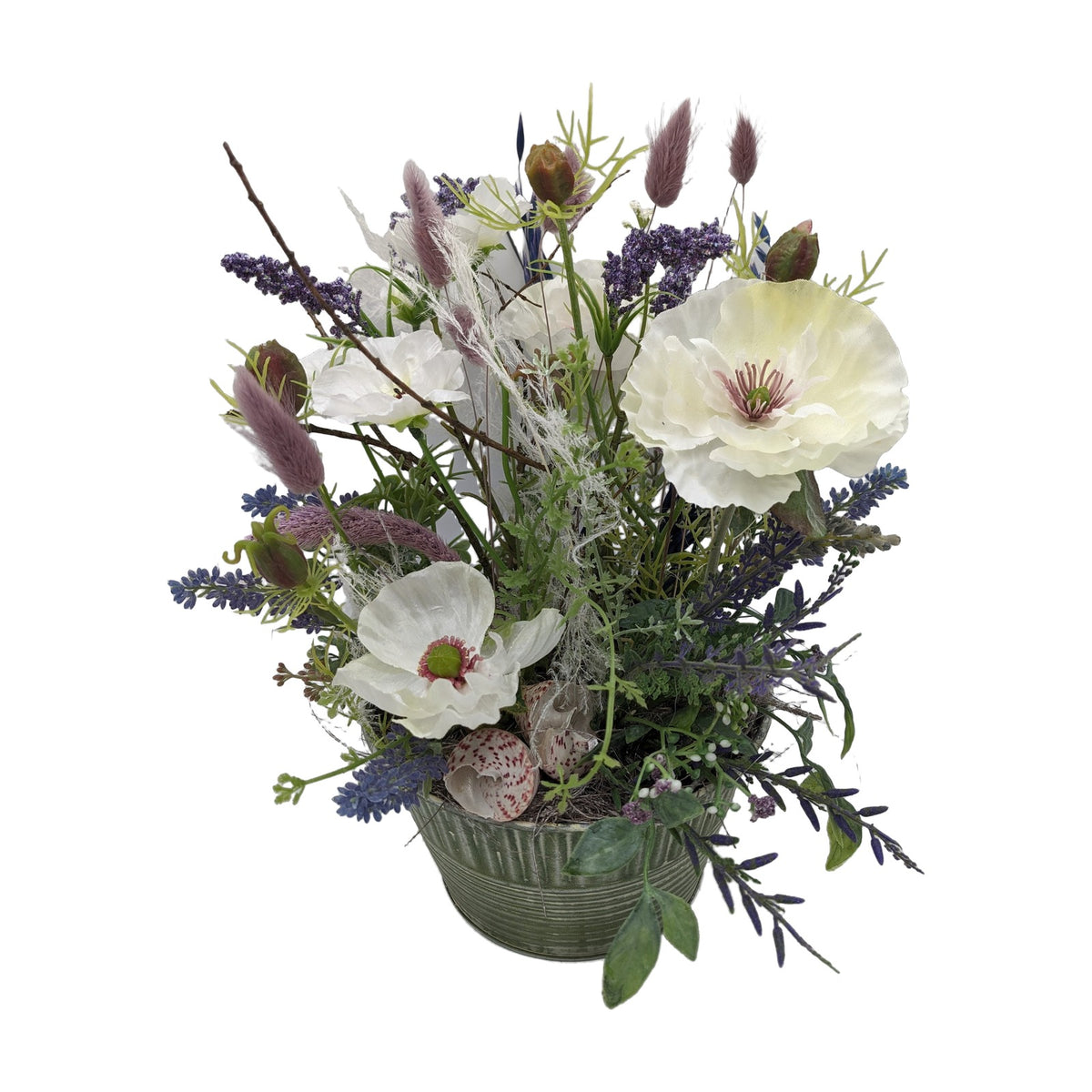 Freigestellt Sommergesteck Lavendel Gräser Mohn Muscheln lila weiss