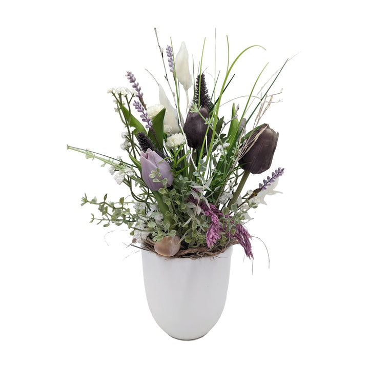 Freigestellt Frühlingsgesteck Tulpen Schleierkraut Lavendel lila weiß
