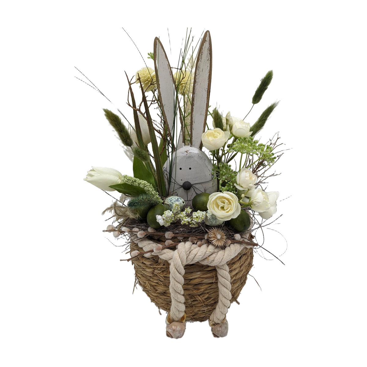 Freigestellt Ostergesteck Frühlingsgesteck Hase Tulpen Gräser weiß grün