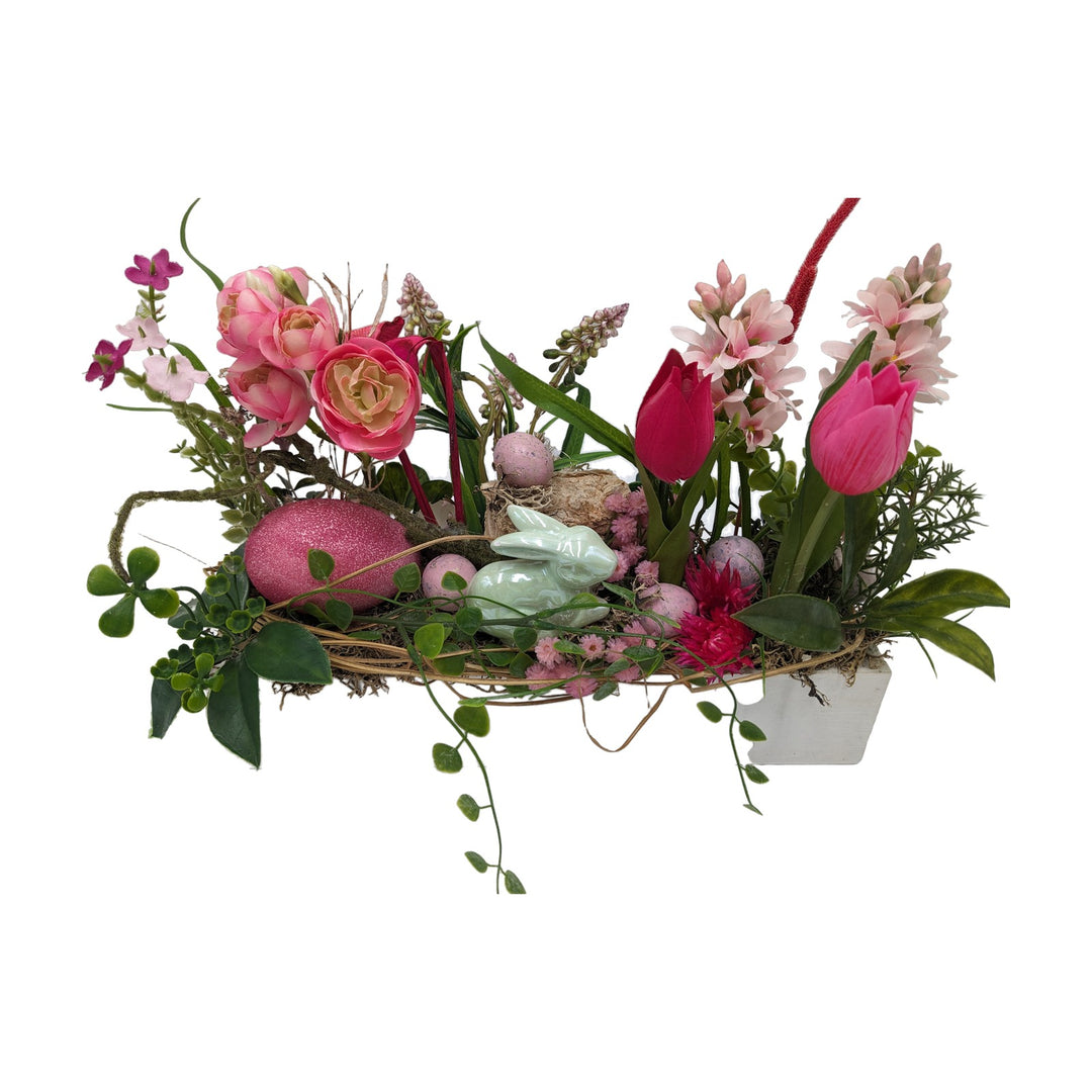 Freigestellt Ostergesteck Frühlingsgesteck Hase Tulpen Eier rosa mint