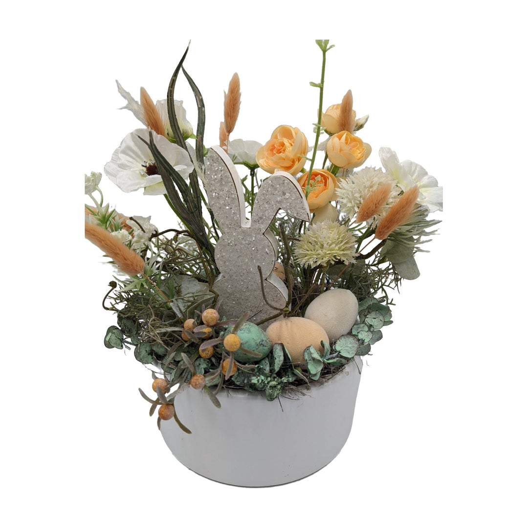 Freigestellt Ostergesteck Frühlingsgesteck Hase Rosen Gräser weiß apricot