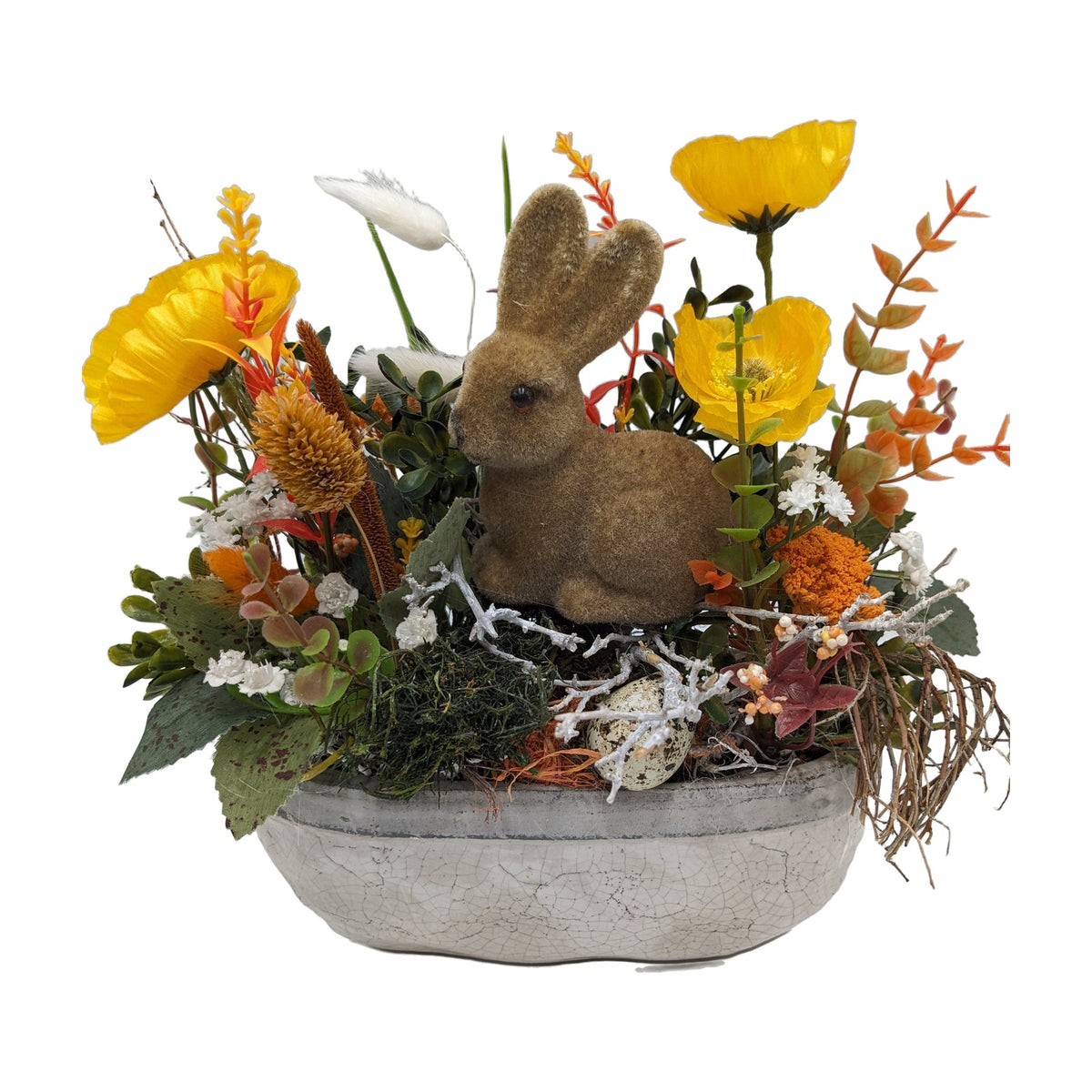 Freigestellt Ostergesteck Frühlingsgesteck Hase Mohn Gräser gelb orange