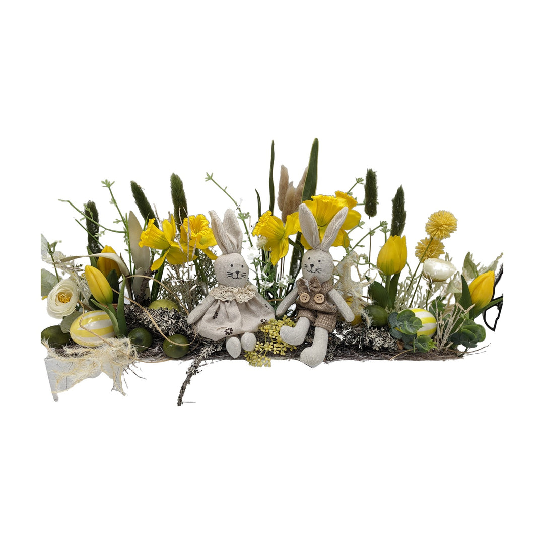 Freigestellt Ostergesteck Frühlingsgesteck Hasen Tulpen Narzissen Gräser gelb