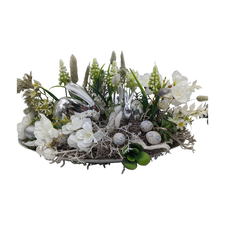 Freigestellt Ostergesteck Frühlingsgesteck Hasen Kirschblüte Eier silber weiß
