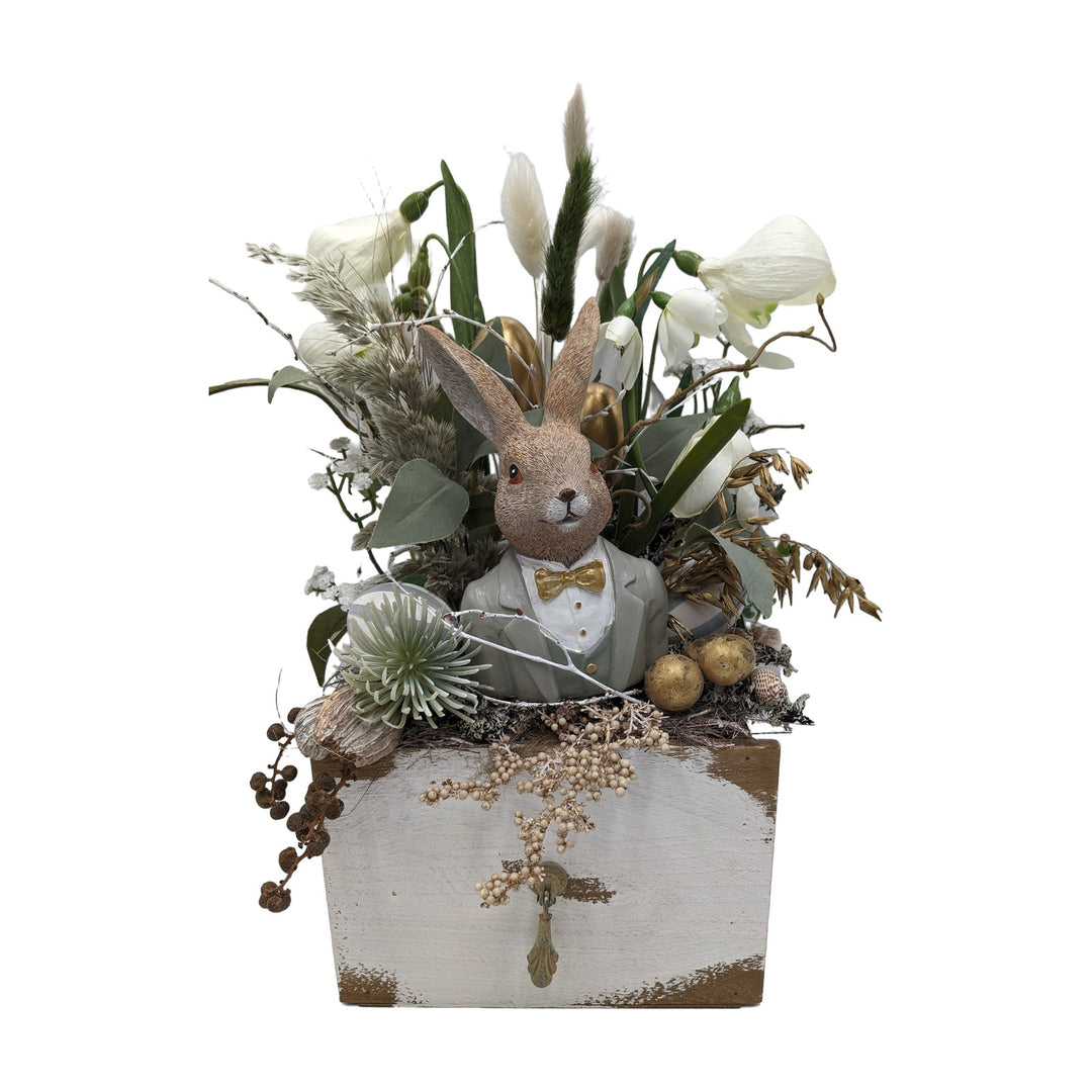 Freigestellt Ostergesteck Frühlingsgesteck Hase Schneeglöckchen Gräser grau gold