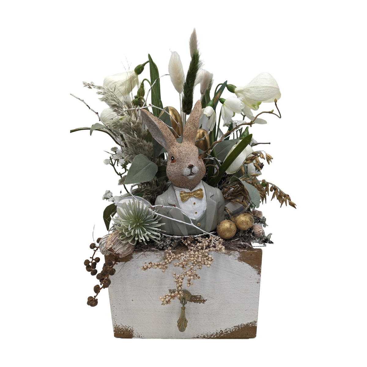 Freigestellt Ostergesteck Frühlingsgesteck Hase Schneeglöckchen Gräser grau gold