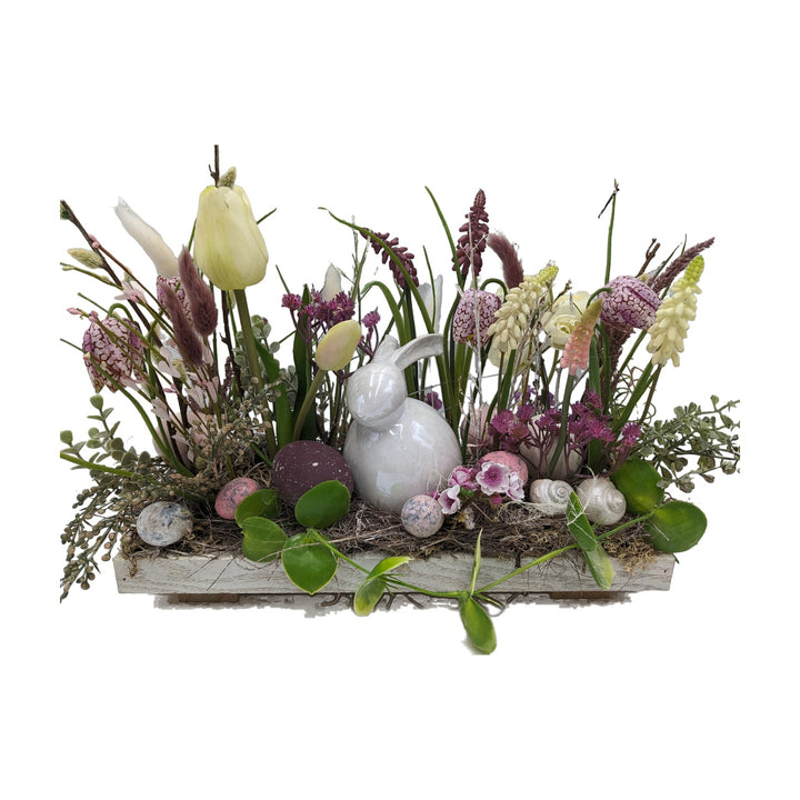 Freigestellt Ostergesteck Frühlingsgesteck Schachbrettblume Hyazinthen Hase lila