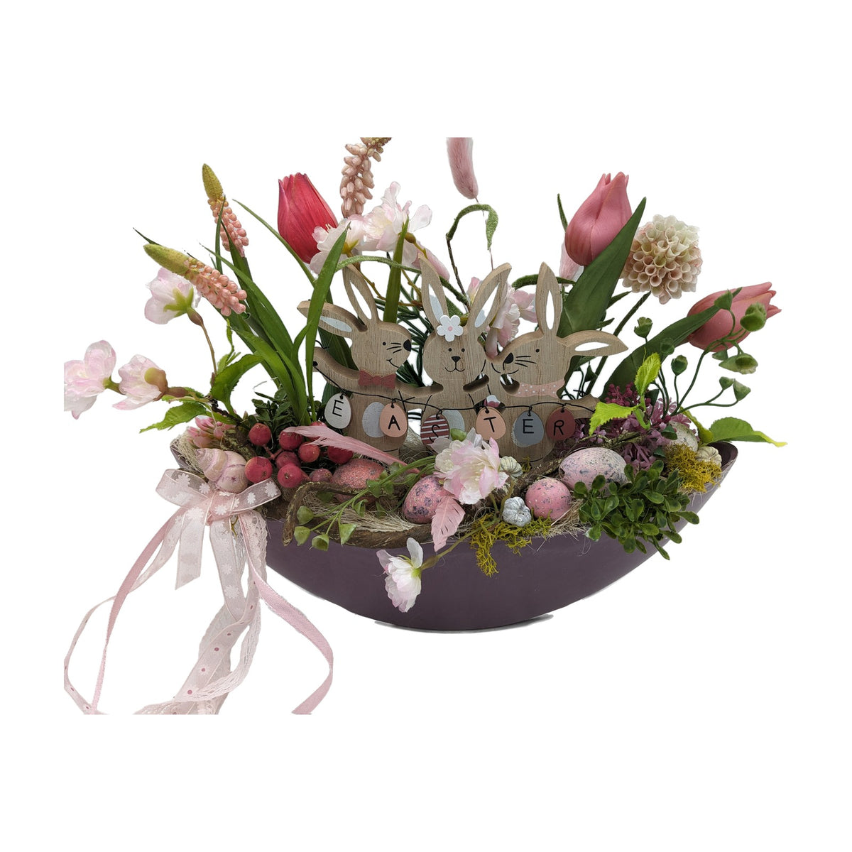 Freigestellt Ostergesteck Frühlingsgesteck Tulpen Hasen Eier rosa