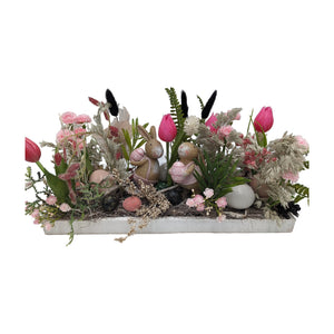 Freigestellt Ostergesteck Frühlingsgesteck Hasenpaar Tulpen rosa