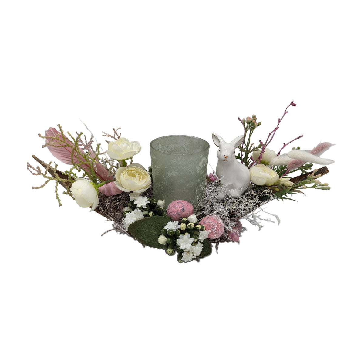 Freigestellt Ostergesteck Frühlingsgesteck Windlicht Hase Rosen rosa weiß